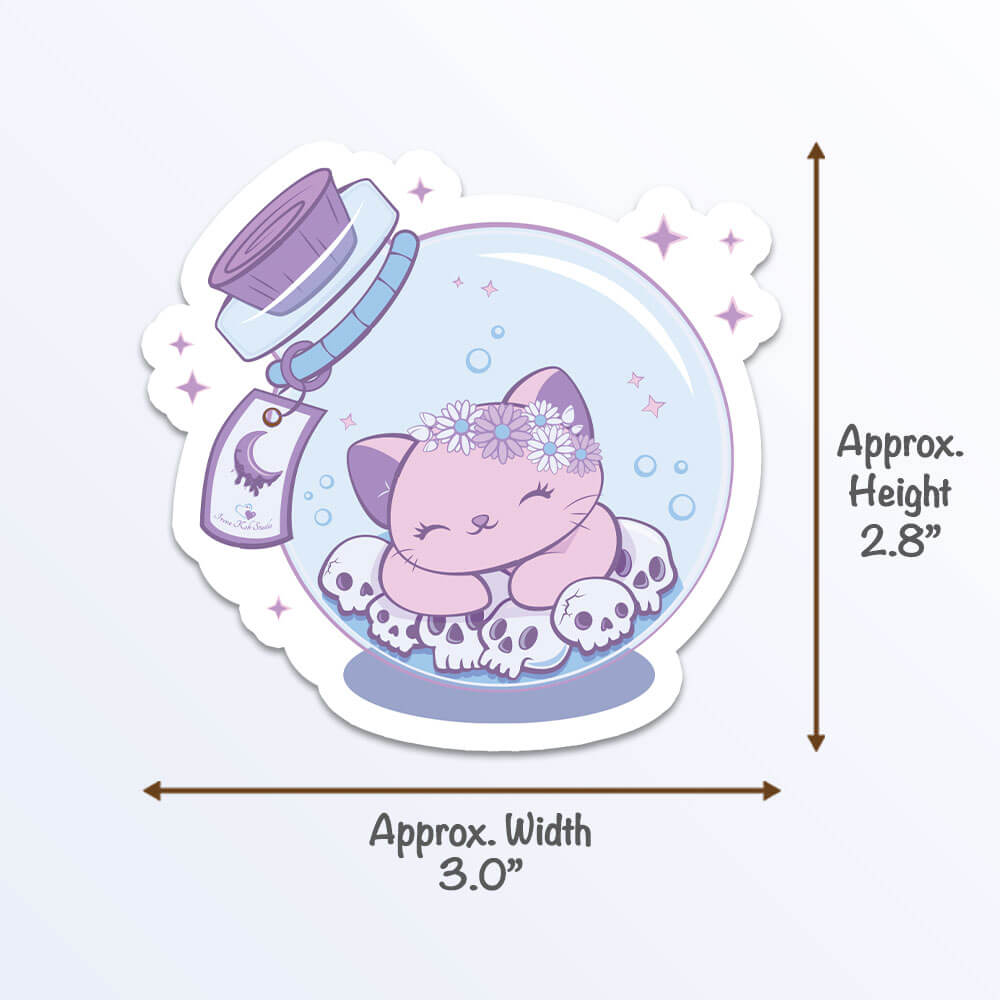 Kawaii Cat in Bottle Creepy Cute Aesthetic Sticker Measurements