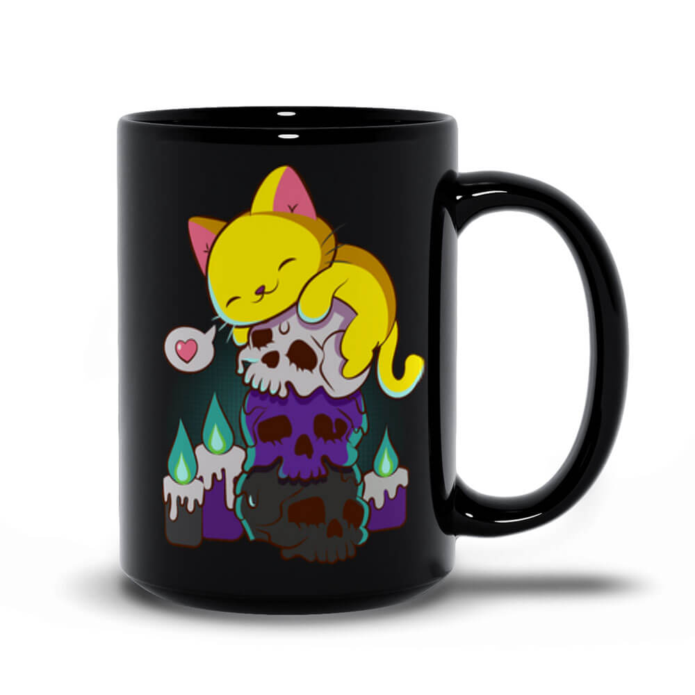 Kawaii Cat on Skulls Nonbinary Pride Aesthetic Mug black 15oz