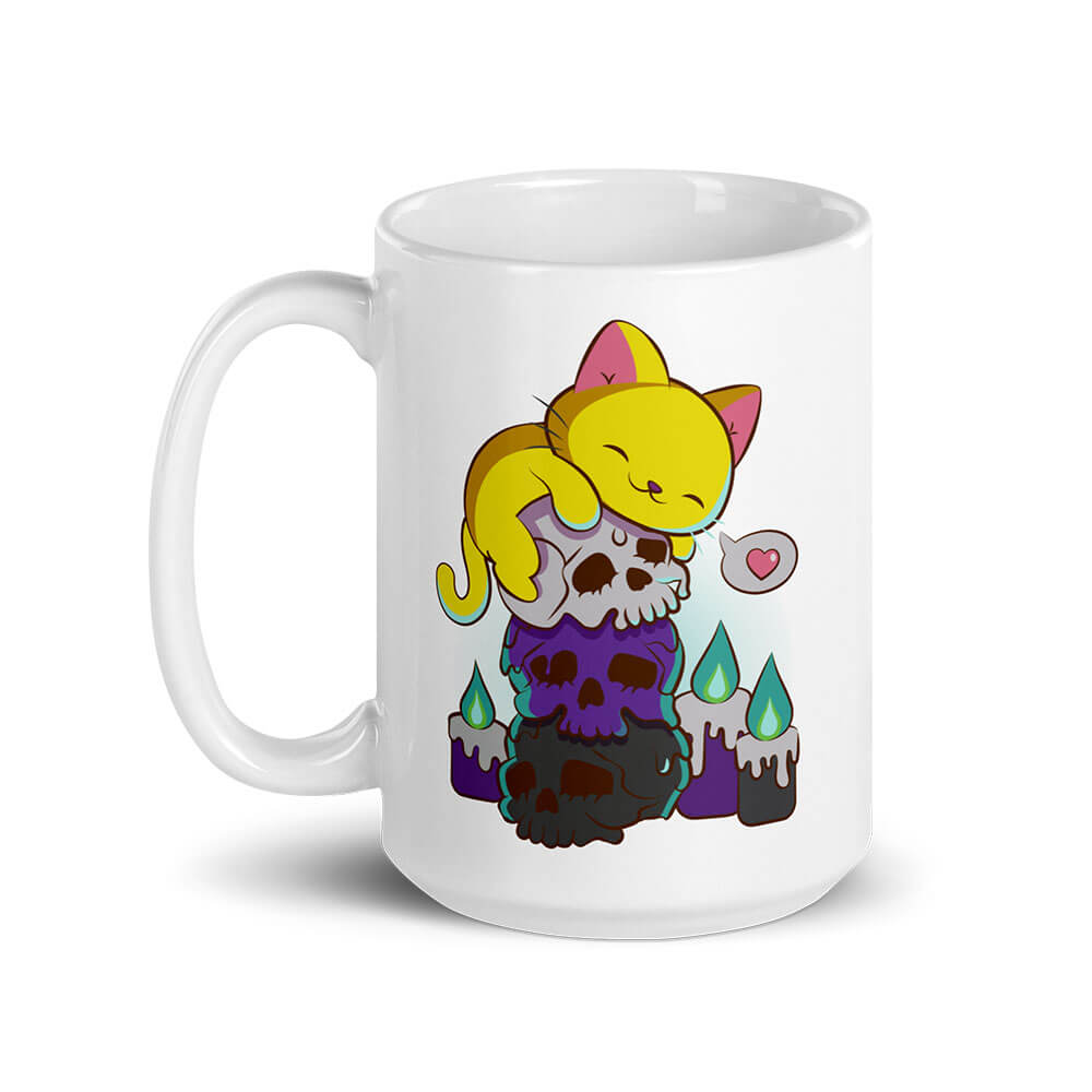 Kawaii Cat on Skulls Nonbinary Pride Aesthetic Mug white 15oz