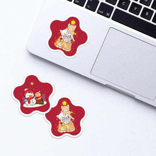 Kawaii Cats Holiday Red Star Stickers for Laptop