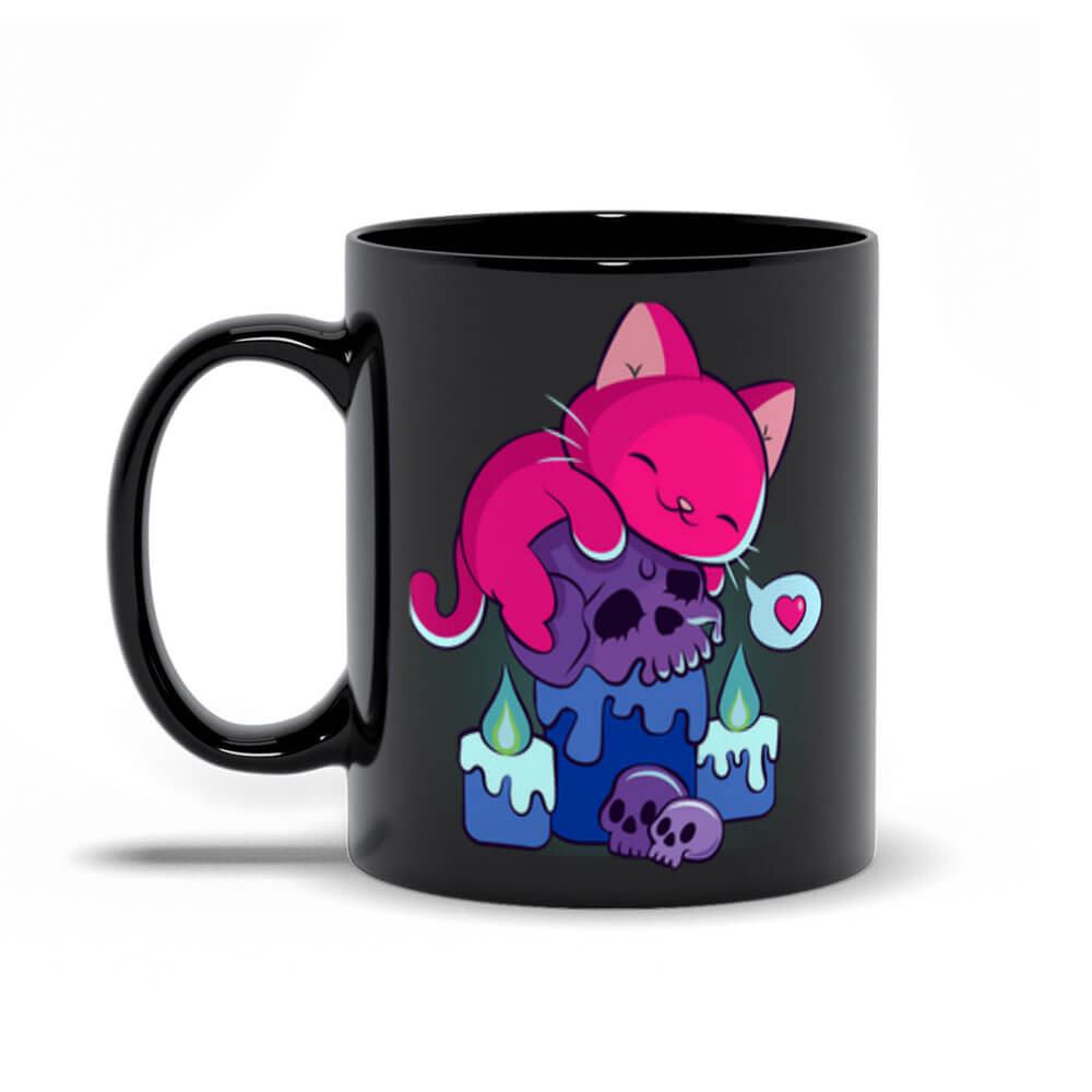 Kawaii Goth Cat on Skull Bisexual Pride Aesthetic Mug - Black 11oz