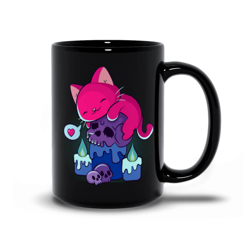 Kawaii Goth Cat on Skull Bisexual Pride Aesthetic Mug - Black 15oz