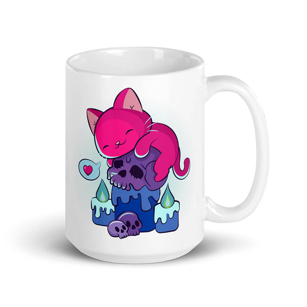 Kawaii Goth Cat on Skull Bisexual Pride Aesthetic Mug - White 15oz