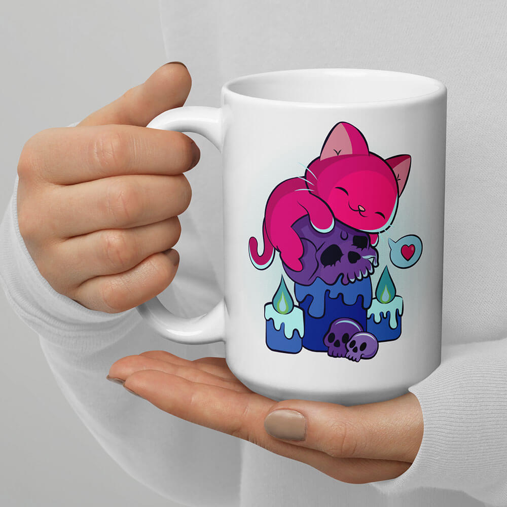 Kawaii Goth Cat on Skull Bisexual Pride Aesthetic Mug on hand