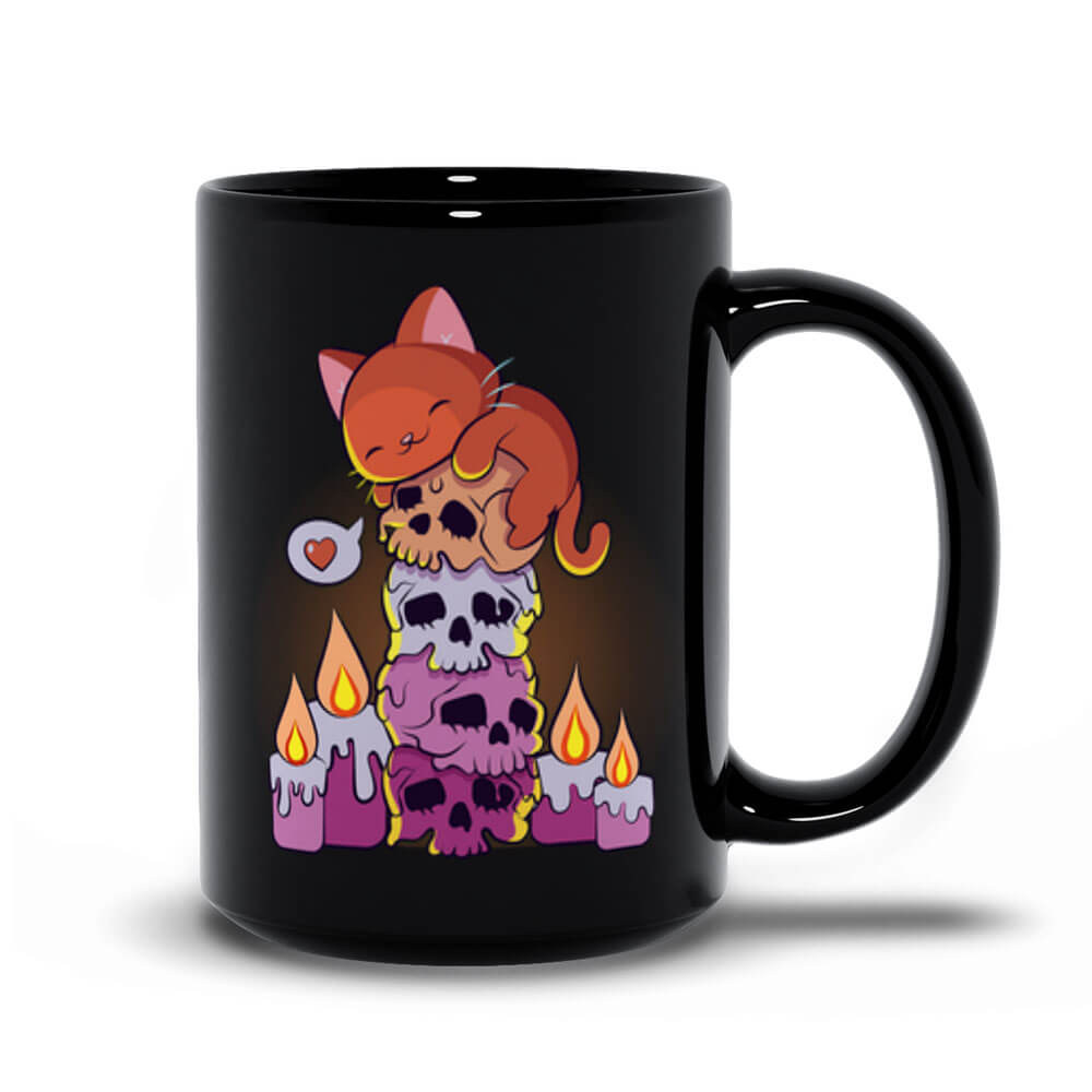 Kawaii Goth Cat on Skulls Lesbian Pride Aesthetic Cute Mug - Black 15 oz
