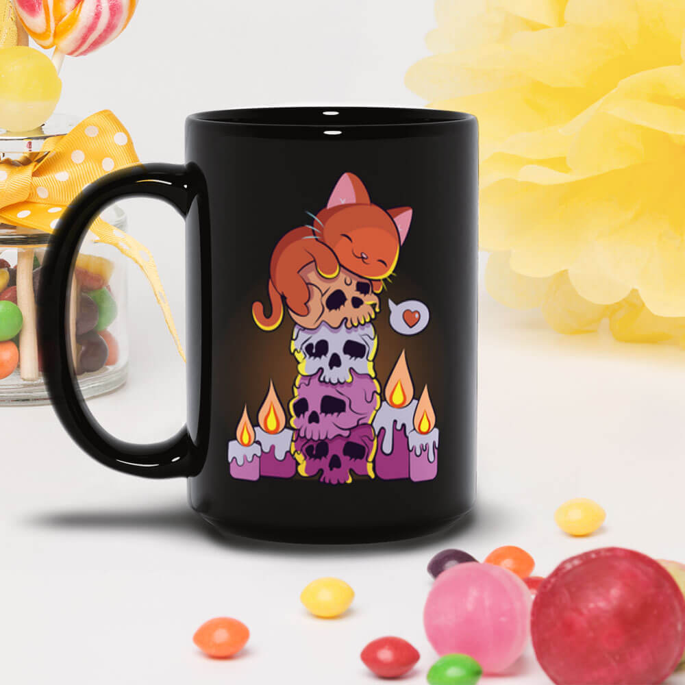 Kawaii Goth Cat on Skulls Lesbian Pride Aesthetic Cute Mug with colorful candies