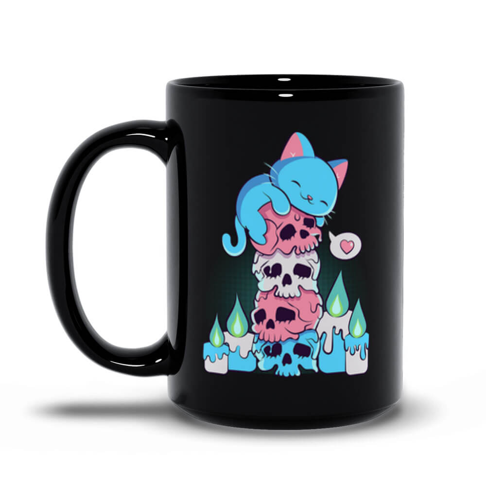 Kawaii Goth Cat on Skulls Transgender Pride Cute Mug black 15oz