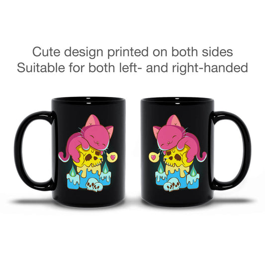 Kawaii Pastel Goth Cat on Skull Pansexual Pride Aesthetic Mug printed on 2 sides