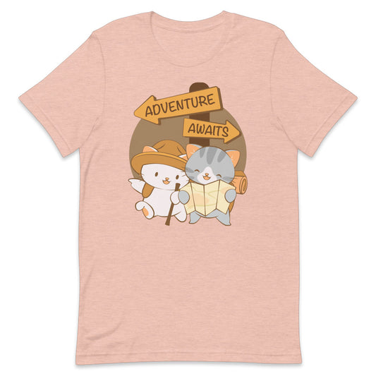 Adventure Awaits Cute Kawaii Cats Hiking T Shirt - Heather Peach