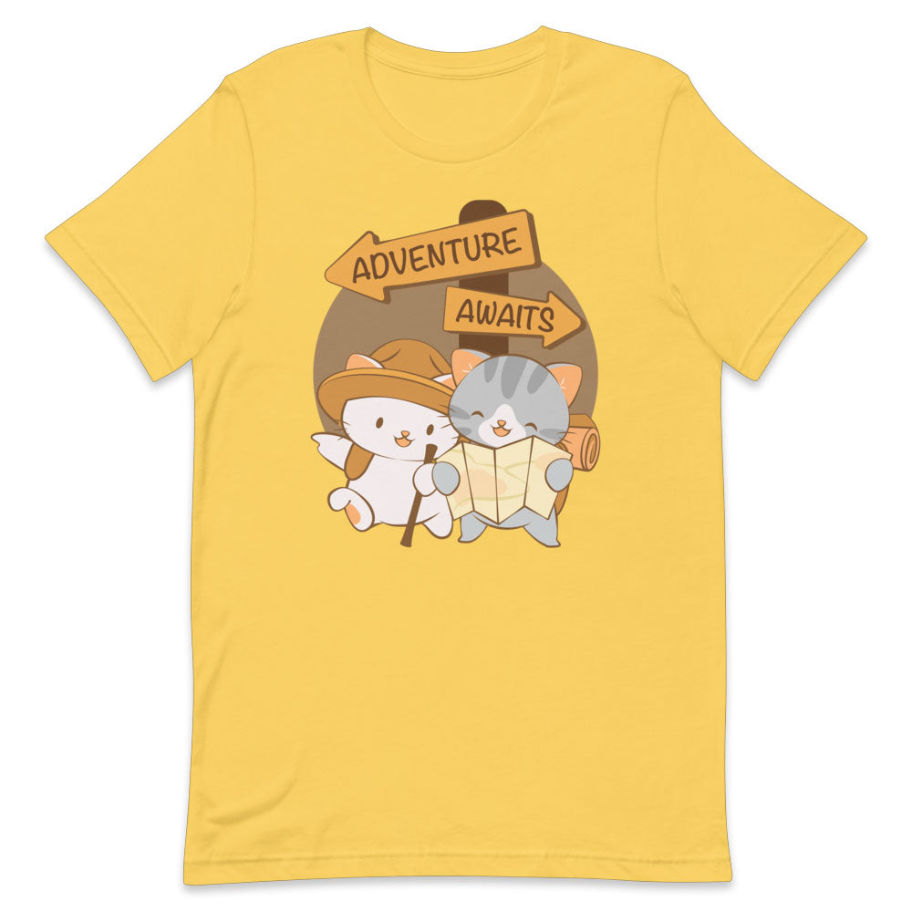 Adventure Awaits Cute Kawaii Cats Hiking T Shirt - Yellow