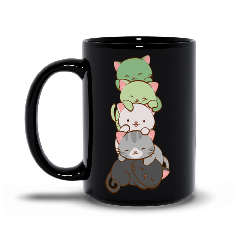 Aromantic Pride Cute Kawaii Cat Mug 15 oz / Black