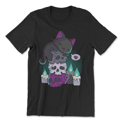 Asexual Pride Aesthetic Cat on Skulls Kawaii Shirt - black