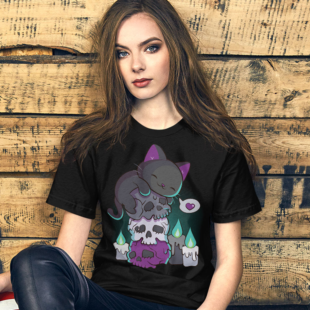 Asexual Pride Aesthetic Cat on Skulls Kawaii Shirt for women