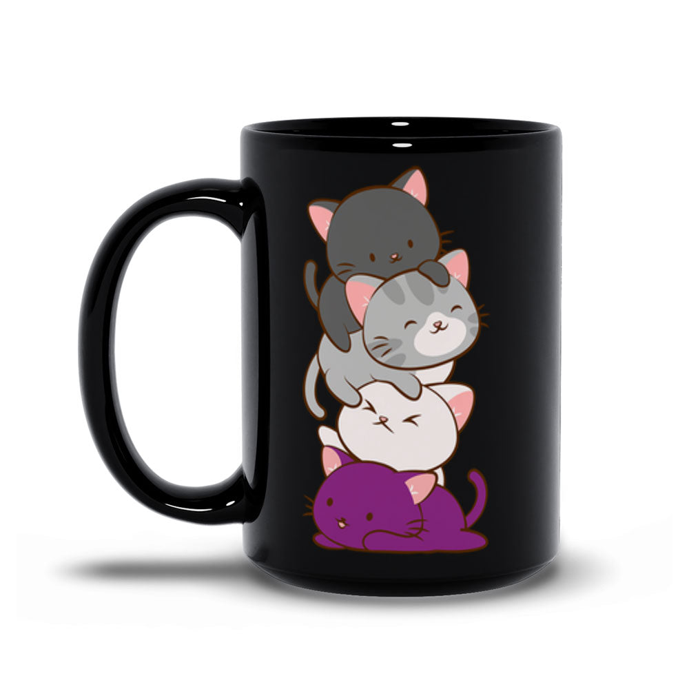 Asexual Pride Cute Kawaii Cat Mug 15 oz / Black