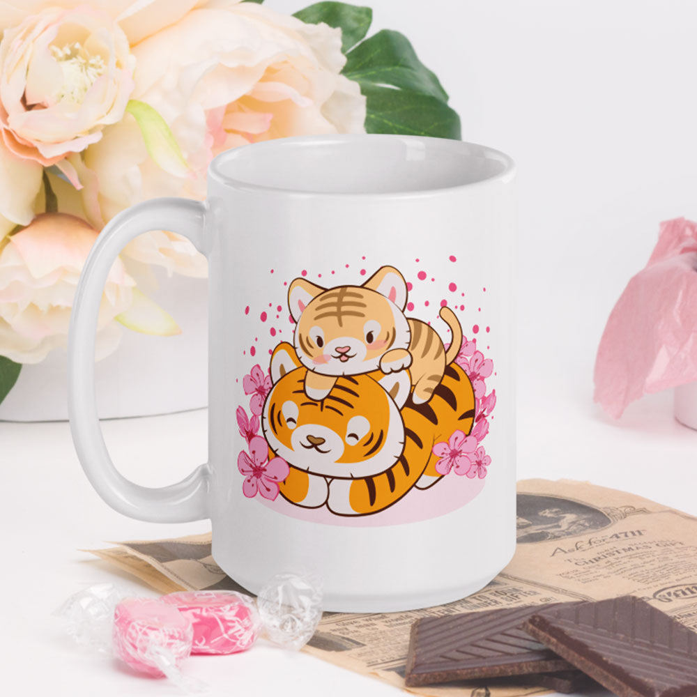 Baby and Mom Kawaii Tiger Coffee Mug on table
