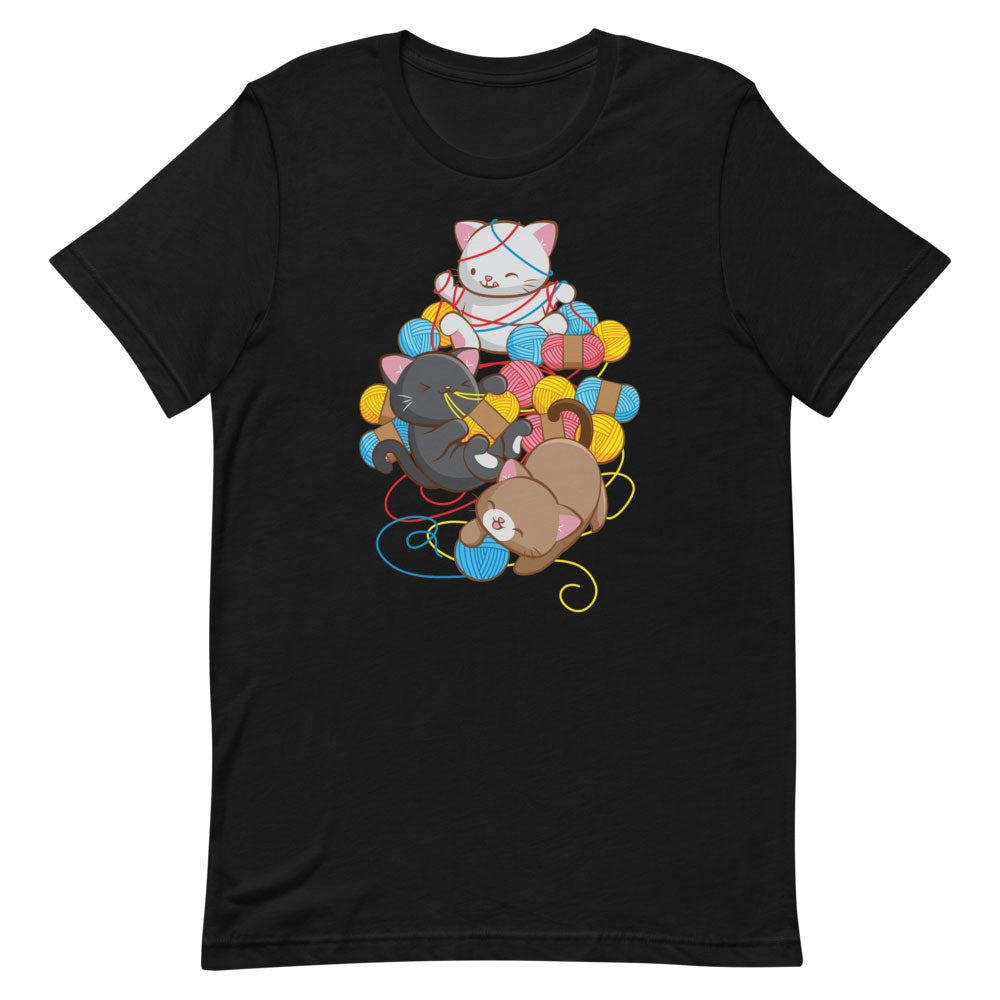 Cat Play With Yarn Kawaii T-shirt for Knitters and Crotcheters S / Black