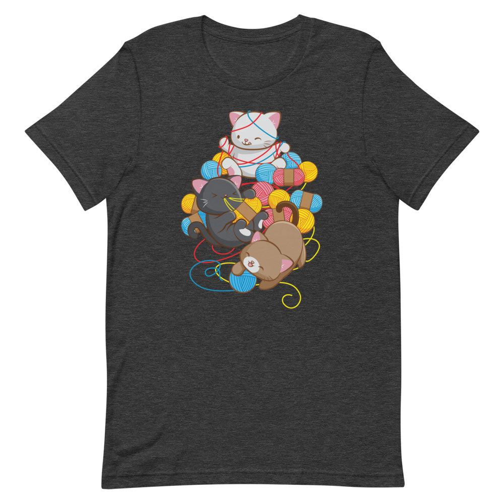 Cat Play With Yarn Kawaii T-shirt for Knitters and Crotcheters S / Dark Grey Heather