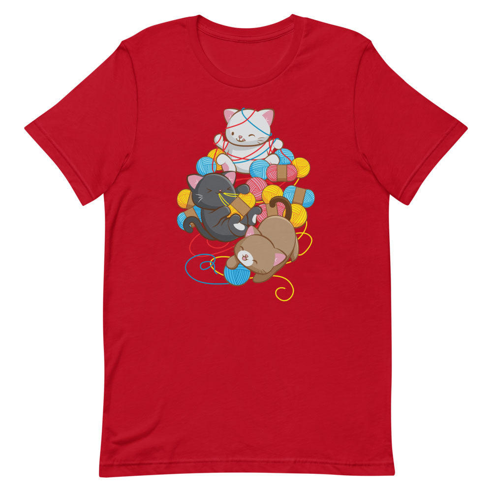 Cat Play With Yarn Kawaii T-shirt for Knitters and Crotcheters S / Red