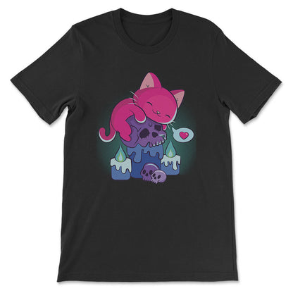 Creepy Cute Cat on Skull Kawaii Goth Bisexual Shirt - black