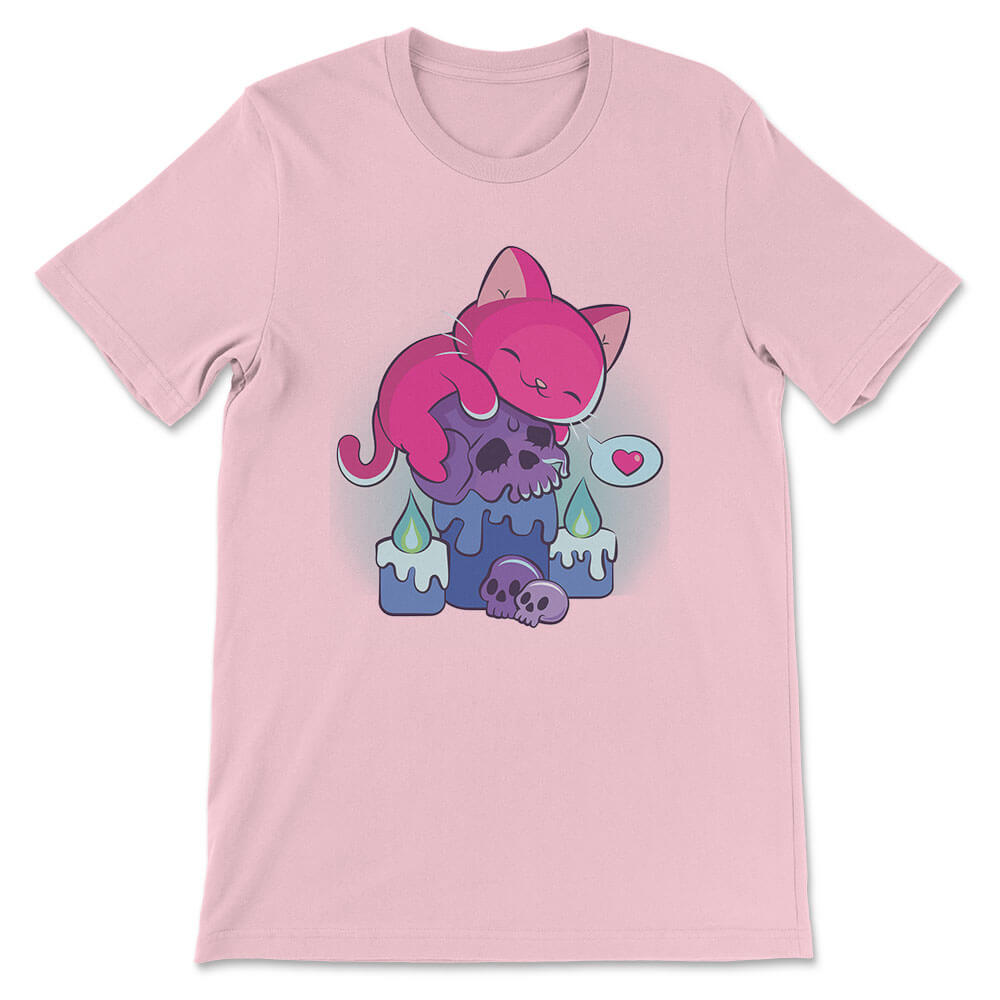 Creepy Cute Cat on Skull Kawaii Goth Bisexual Shirt - pink