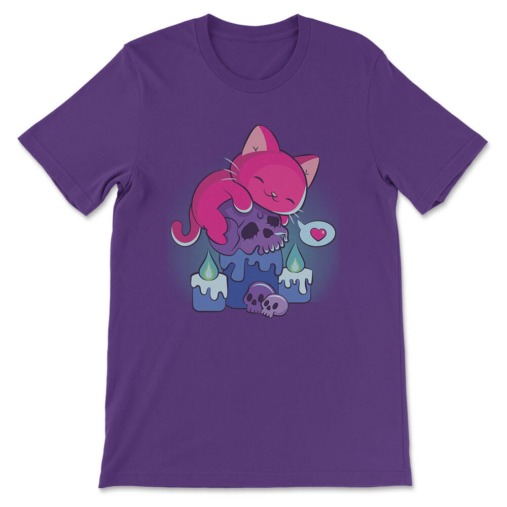 Creepy Cute Cat on Skull Kawaii Goth Bisexual Shirt - purple