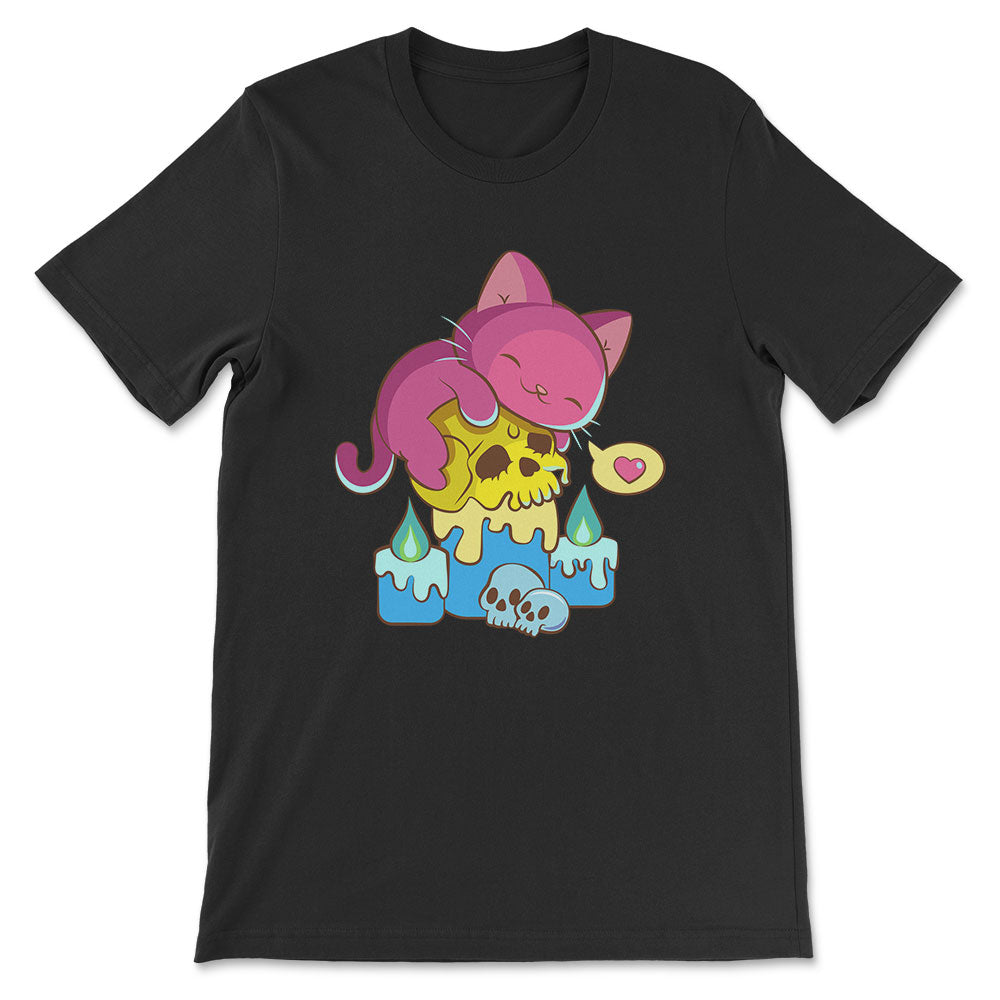 Creepy Cute Cat on Skull Kawaii Goth Pansexual Shirt - black