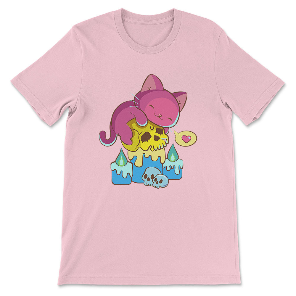 Creepy Cute Cat on Skull Kawaii Goth Pansexual Shirt - Pink