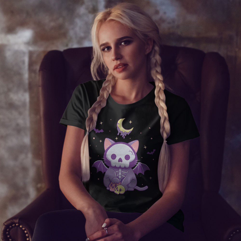 Creepy Cute Skeleton Cat Kawaii Pastel Goth Shirt for Women