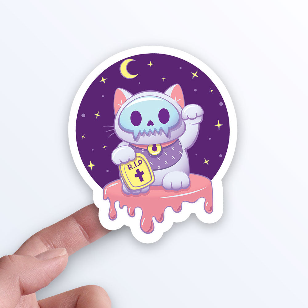 Creepy Maneki Neko Cute Goth Cat and Starry Night Kawaii Aesthetic Sticker on hand