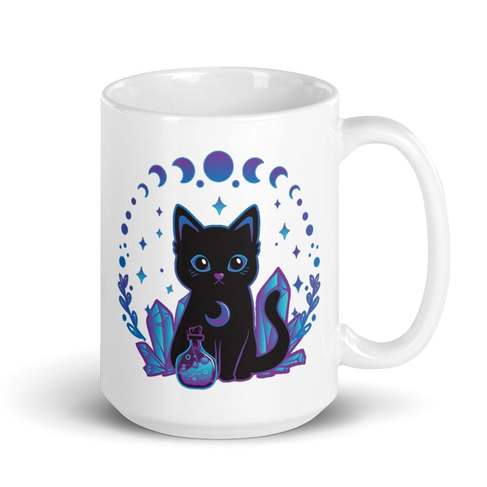 Crystal Alchemy Kawaii Witchy Black Cat Mug - White 15oz