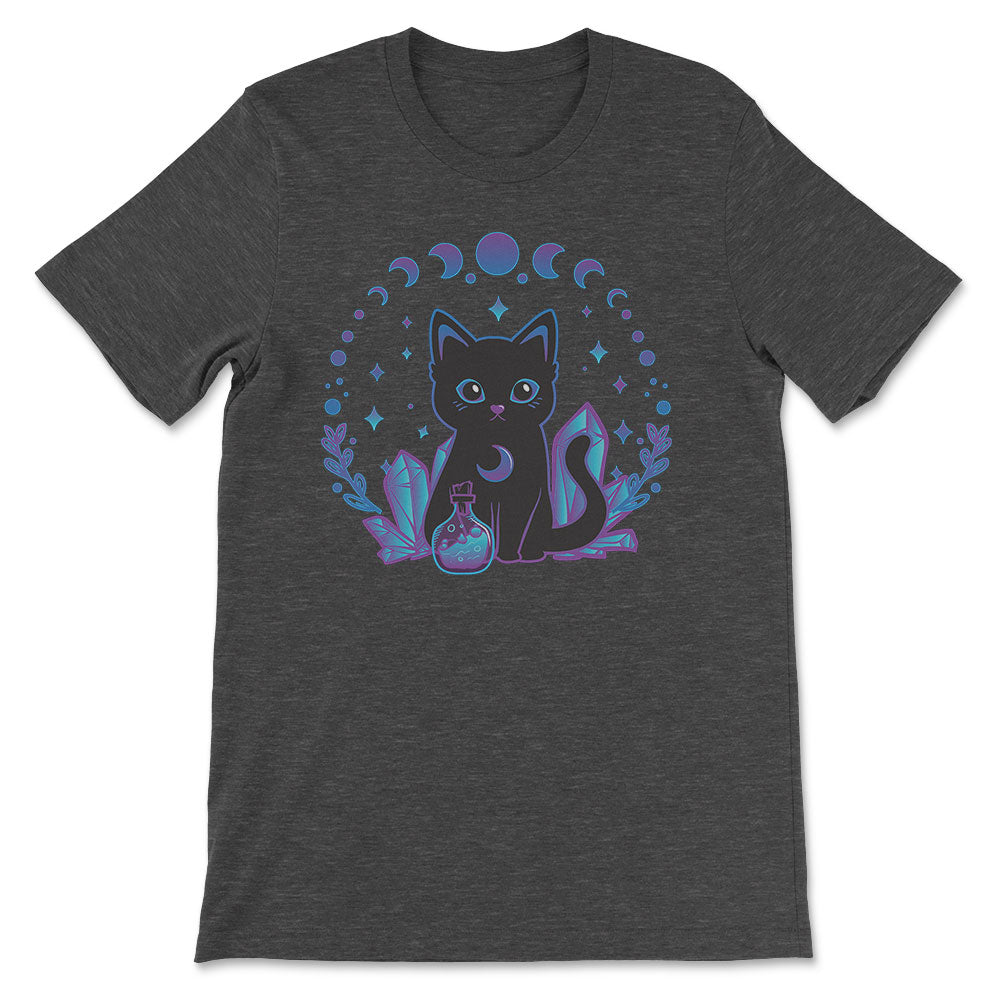 Crystal Alchemy Kawaii Witchy Black Cat T-shirt - Dark Grey Heather