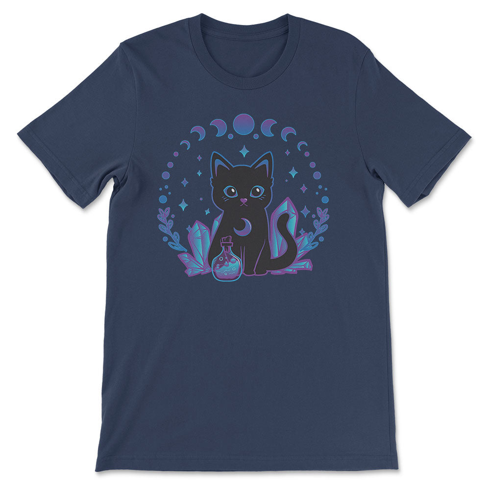 Crystal Alchemy Kawaii Witchy Black Cat T-shirt - Navy