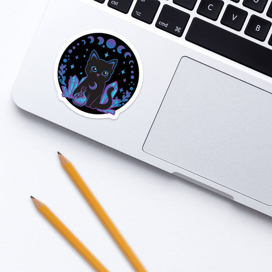 Crystal Alchemy Witchy Black Cat Kawaii Sticker for Laptop