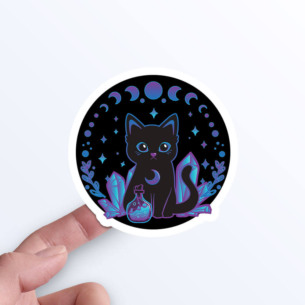 Crystal Alchemy Witchy Black Cat Kawaii Sticker on hand