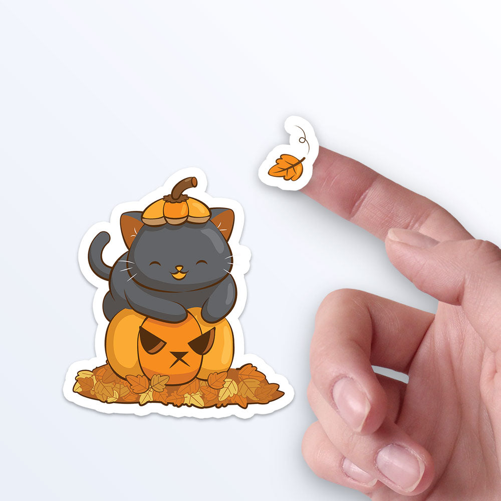 Cute Black Cat on Halloween Pumpkin Kawaii Stickers