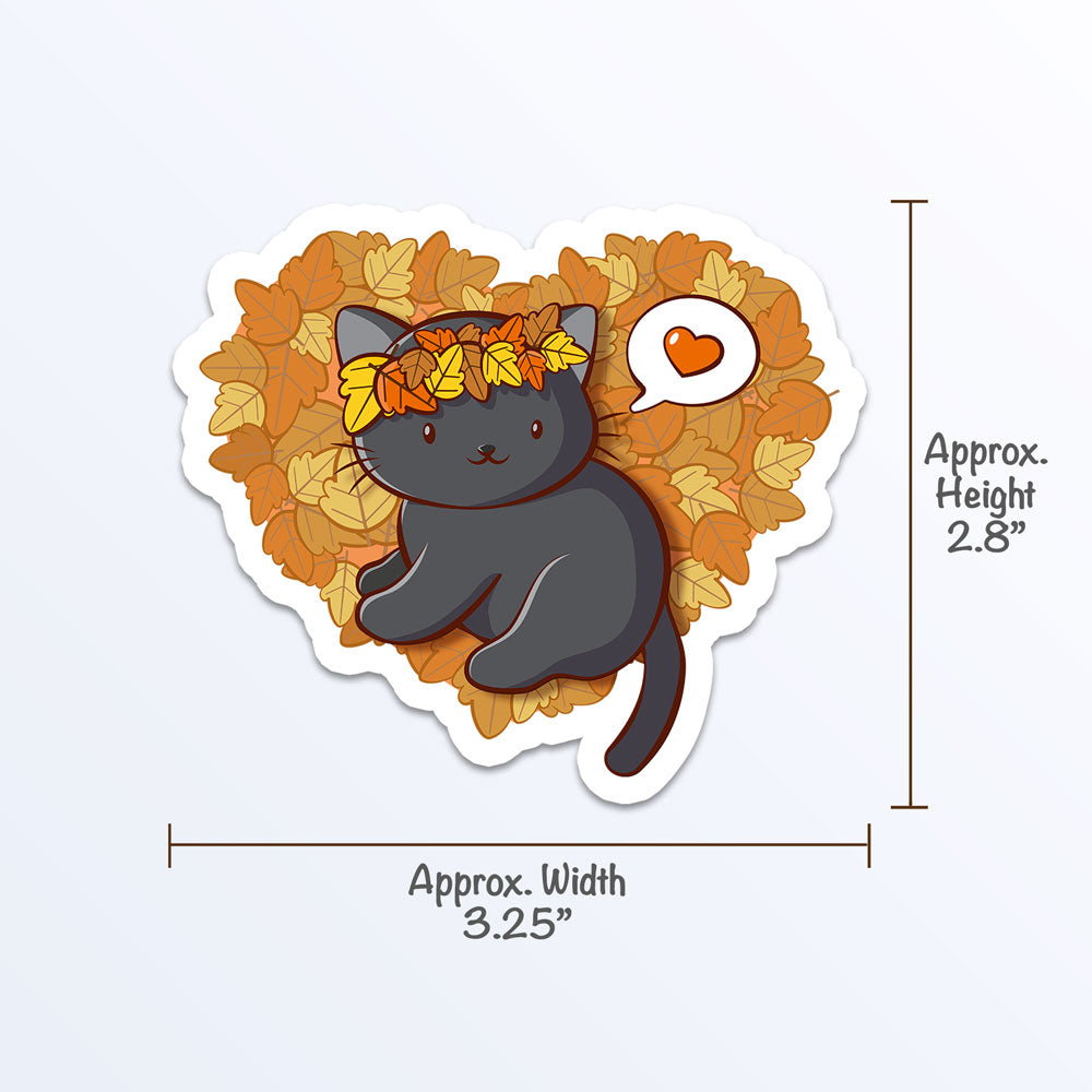 Cute Black Cat and Fall Leaves Kawaii Sticker measurements