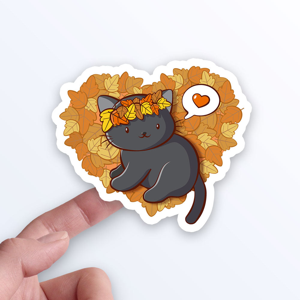 Cute Black Cat and Fall Leaves Kawaii Sticker on hand