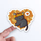 Cute Black Cat and Fall Leaves Kawaii Sticker on hand