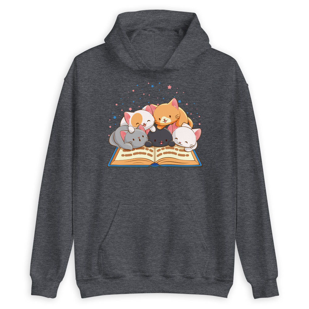 Cute Bookish Cats Kawaii Hoodie for Readers and Book Lovers - dark heather