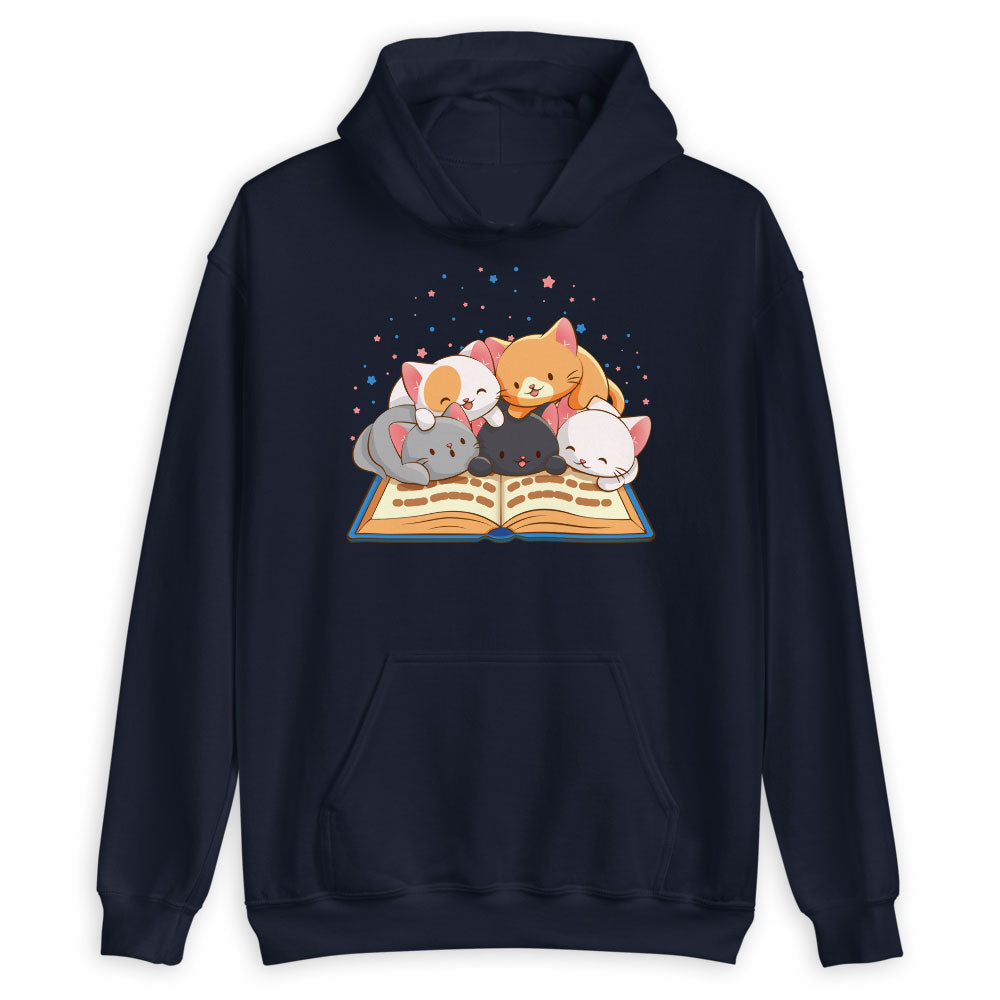 Cute Bookish Cats Kawaii Hoodie for Readers and Book Lovers - Navy