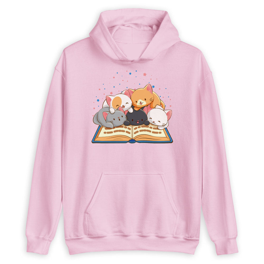 Cute Bookish Cats Kawaii Hoodie for Readers and Book Lovers - Pink