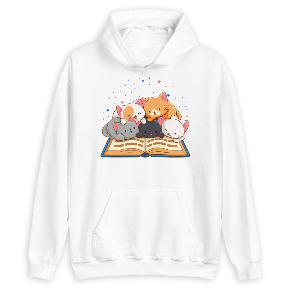 Cute Bookish Cats Kawaii Hoodie for Readers and Book Lovers - White
