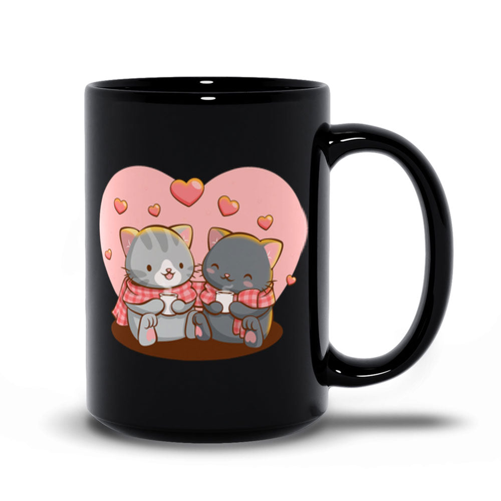 Stay Cozy Cute Cat Couple Valentines Day Kawaii Mug - Black 15 oz