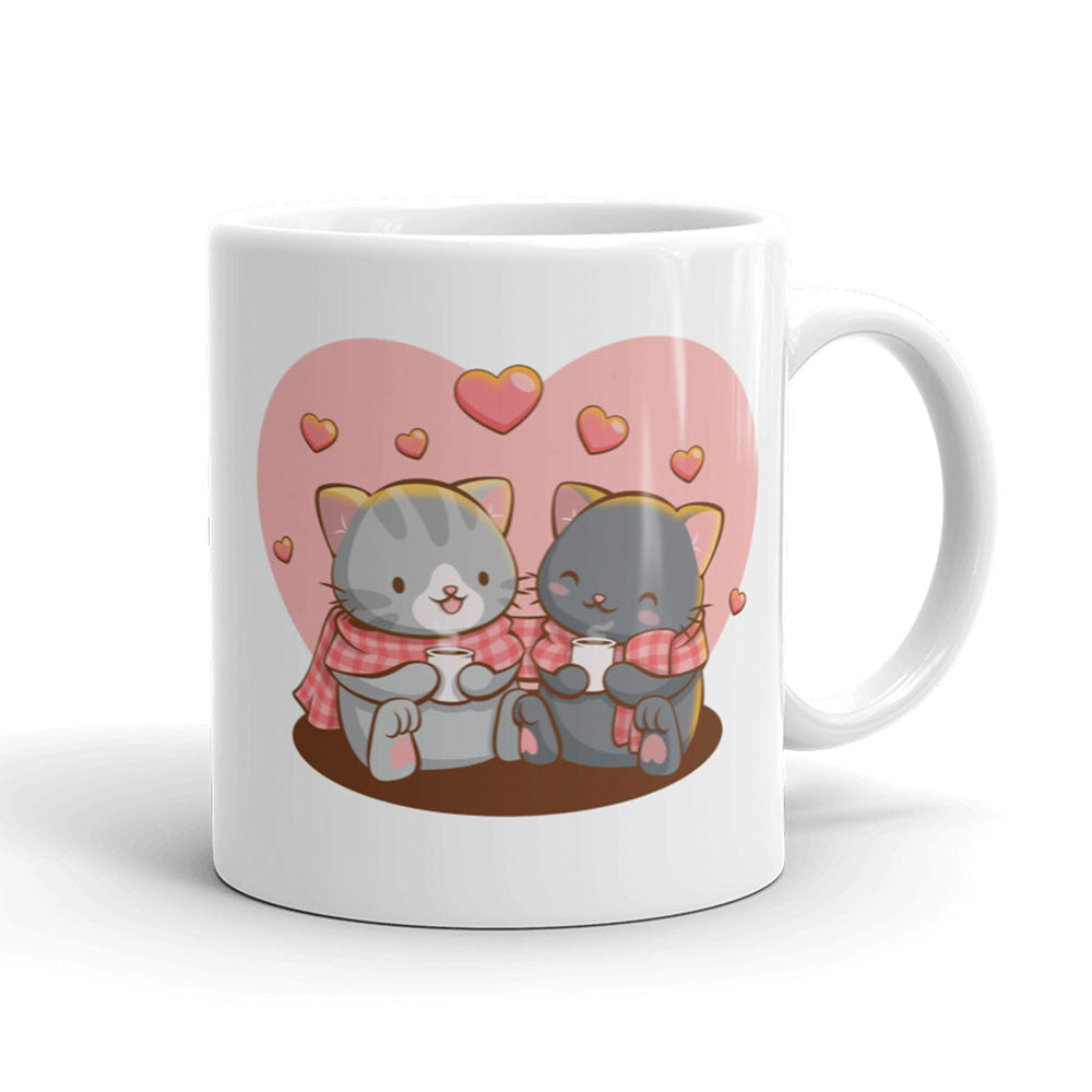 Cute Cat Couple Valentines Day Kawaii Mug, 15 oz / White