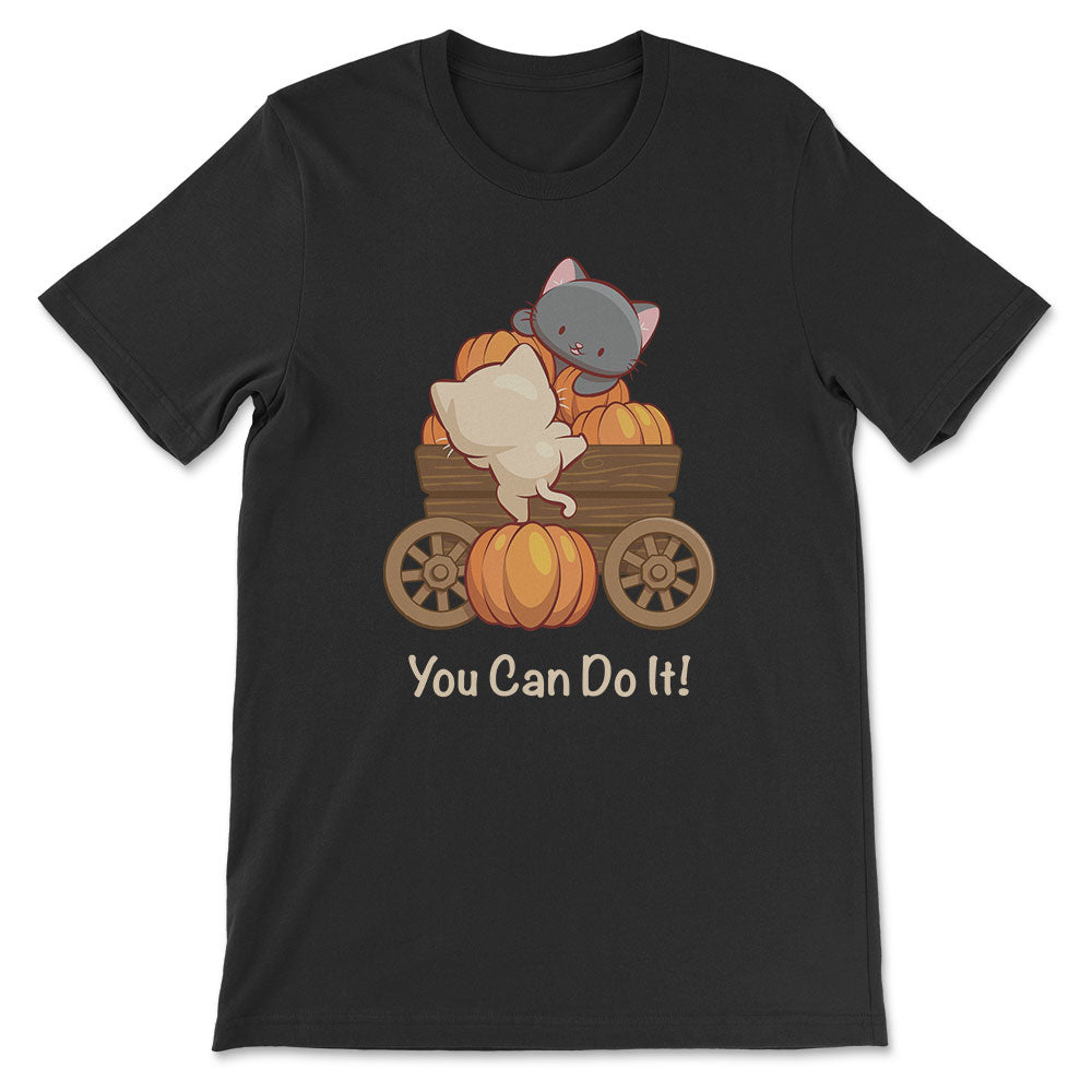 Kawaii Cats on Pumpkin Cart Inspirational Saying T-shirt - Black