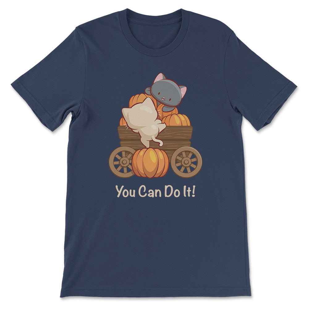 Kawaii Cats on Pumpkin Cart Inspirational Saying T-shirt - Navy