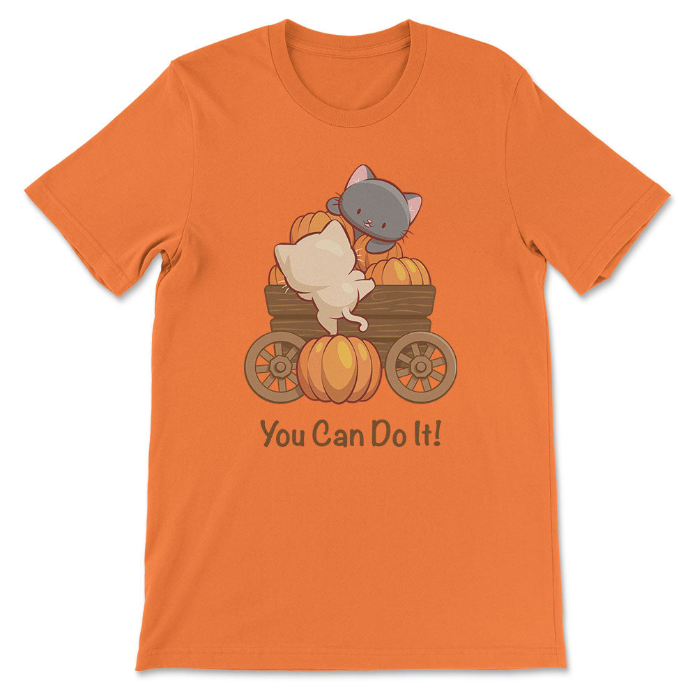 Kawaii Cats on Pumpkin Cart Inspirational Saying T-shirt - Orange