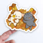 Cute Cats and Fall Leaves Kawaii Sticker on Hand