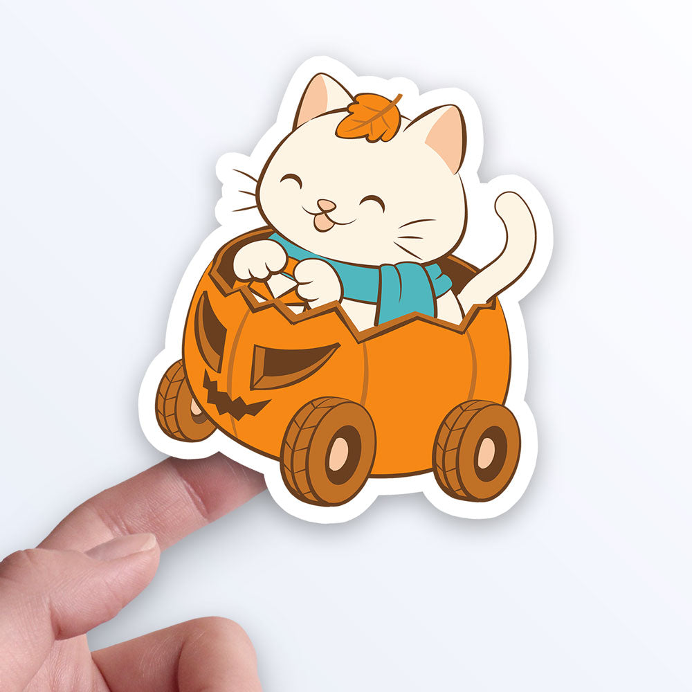 Cute White Cat in Halloween Pumpkin Kawaii Sticker on hand