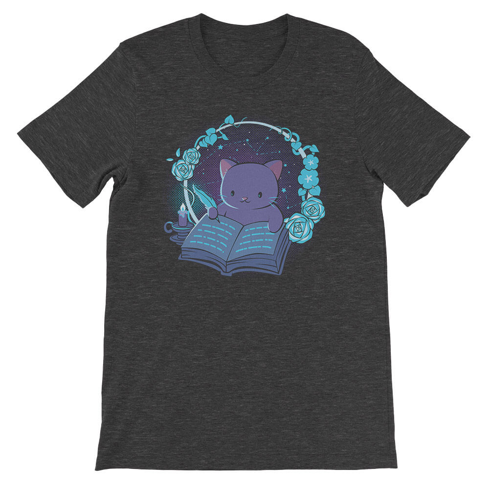 Cute Writing Cat Kawaii T-shirt for Writers - Dark Grey Heather